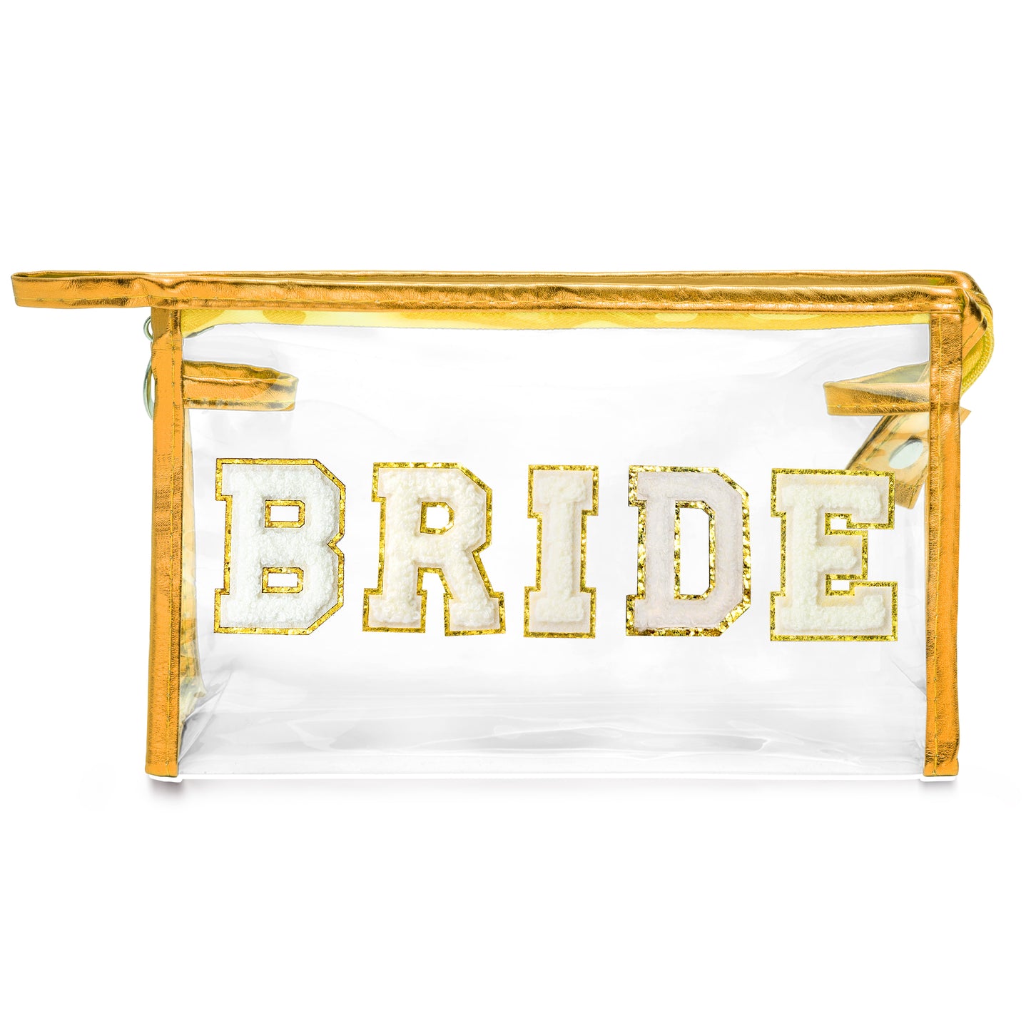 Y1tvei Bride Clear Makeup Bag - Preppy White Bride Chenille Letter Cosmetic Bag Zipper Waterproof Beach Travel Toiletry Bride to Be Makeup Pouch Proposal Gifts for Bride Bridesmaid Wedding Day(Gold)