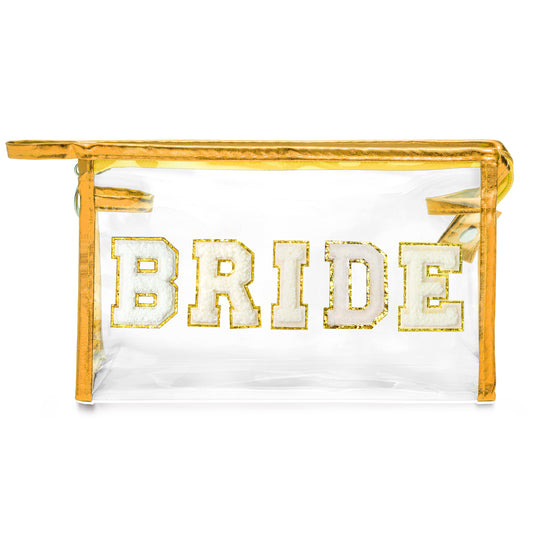 Y1tvei Bride Clear Makeup Bag - Preppy White Bride Chenille Letter Cosmetic Bag Zipper Waterproof Beach Travel Toiletry Bride to Be Makeup Pouch Proposal Gifts for Bride Bridesmaid Wedding Day(Gold)