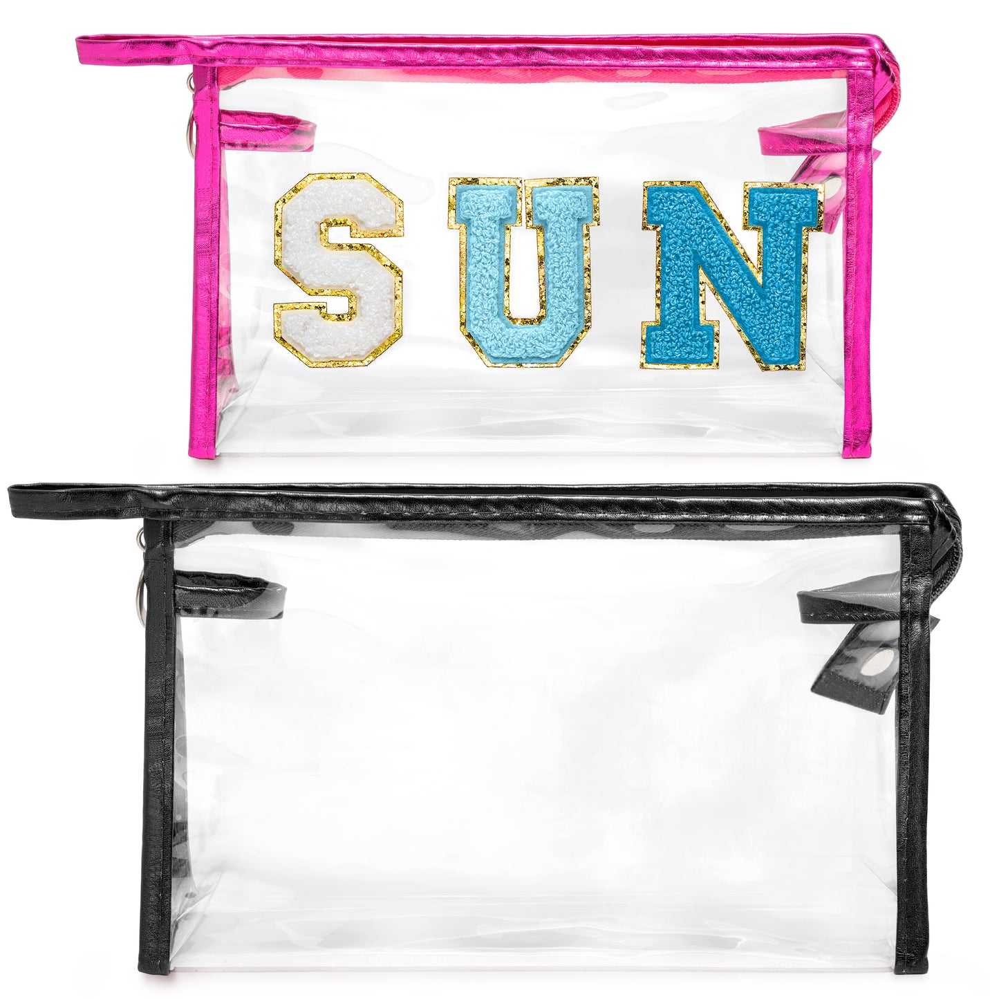 Y1tvei Clear SUN Makeup Bag - 2Pcs Preppy Blue SUN Chenille Varsity Letter Cosmetic Bag Black Large PVC Transparent Toiletry Organizer Zipper Waterproof Beach Travel Makeup Pouch for Women(Rose Red)