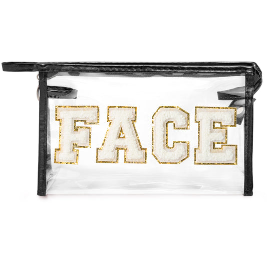 Y1tvei Clear FACE Makeup Bag - Preppy White FACE Chenille Varsity Letter Cosmetic Bag PVC Transparent Zipper Waterproof Beach Swim Makeup Pouch Portable Travel Toiletry Organizer for Women(Black)