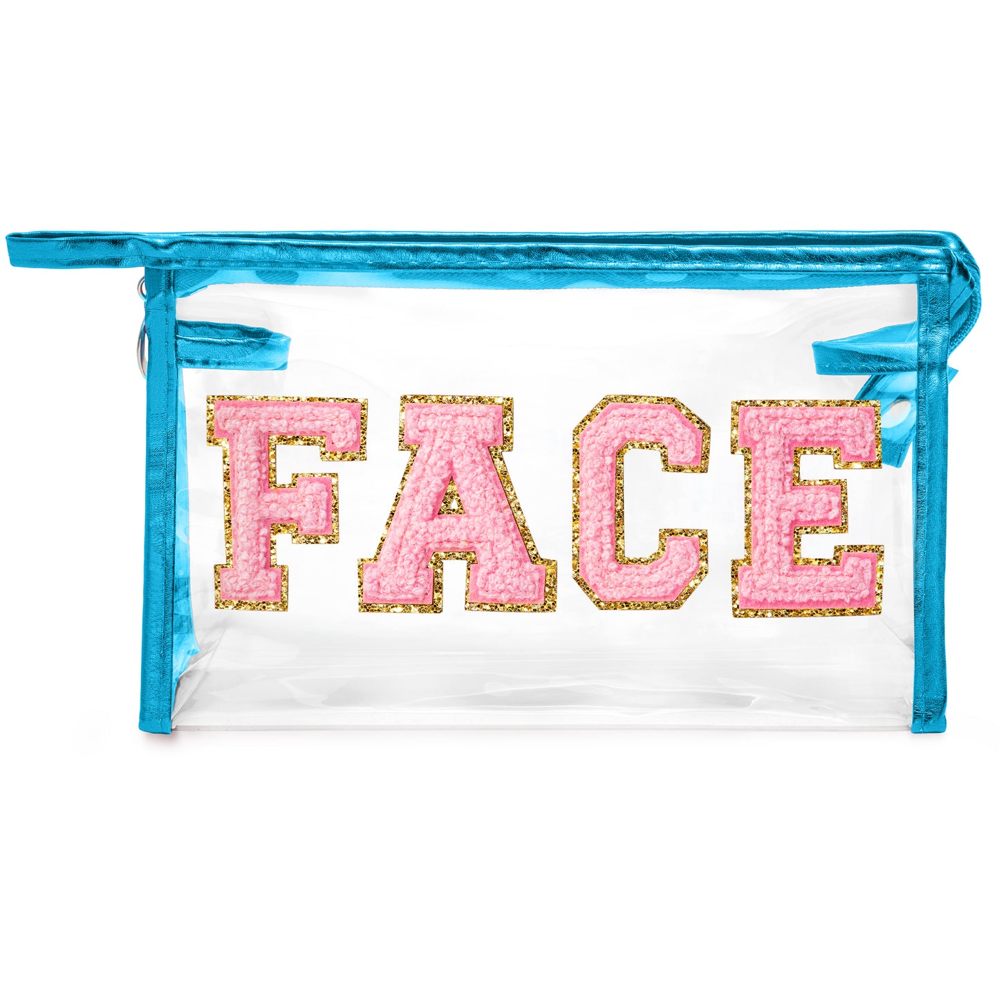 Y1tvei Clear FACE Makeup Bag - Preppy Pink FACE Chenille Varsity Letter Cosmetic Bag PVC Transparent Zipper Waterproof Beach Swim Makeup Pouch Portable Travel Toiletry Organizer for Women(Blue)