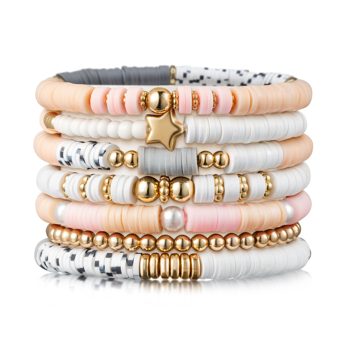 Y1tvei 7Pcs Pink Surfer Heishi Clay Bead Bracelet Set Boho Stackable Gray White Polymer Clay Beaded Layering Stretch Bracelet Gold Plated Bead Jewelry Summer Beach Friendship Bracelet for Women Girls