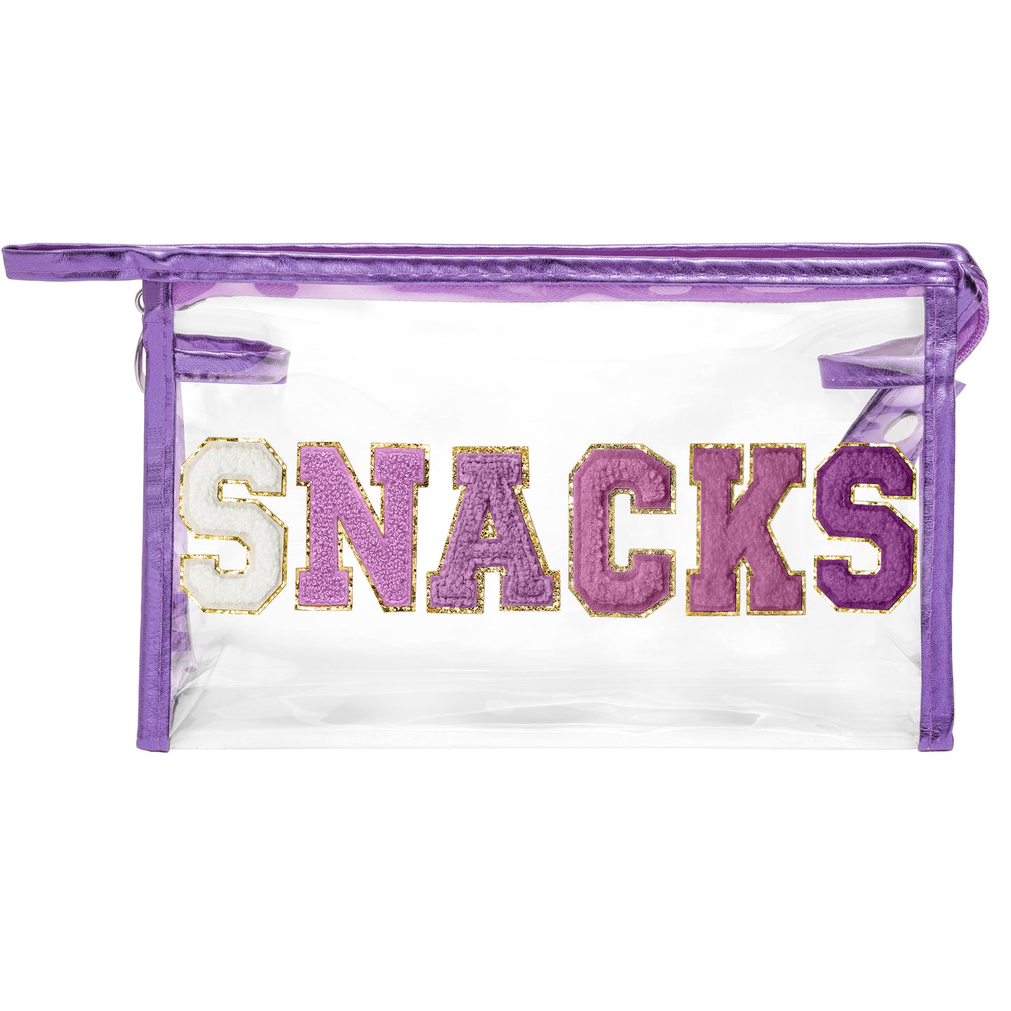 Y1tvei SNACKS Clear Makeup Bag - Preppy Patch Purple Chenille Varsity Letter Transparent PVC Large Cosmetic Pouch Portable Waterproof Travel Organizer Toiletry Compliant Bag for Women Girl(Purple)