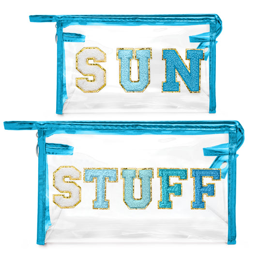 Y1tvei SUN STUFF Makeup Bag - 2Pcs Preppy Patch Chenille Varsity Letter Transparent PVC Extra Large Clear Cosmetic Pouch Portable Waterproof Travel Organizer Toiletry Compliant Bag for Women(Blue)