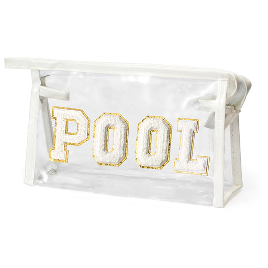 Y1tvei Clear POOL Makeup Bag - Preppy White POOL Chenille Varsity Letter Sunscreen Cosmetic Pouch PVC Transparent Zipper Waterproof Beach Pool Summer Travel Toiletry Organizer for Swimmer Women(White)