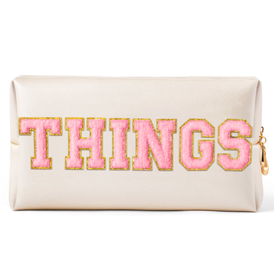 Y1tvei Large THINGS Cosmetic Bag - Preppy Pink Things Chenille Varsity Letter Makeup Bag, Leather Waterproof Toiletry Bag Zipper Pouch for Purse Travel Cosmetic Organizer Gift for Women(Shell Gold)