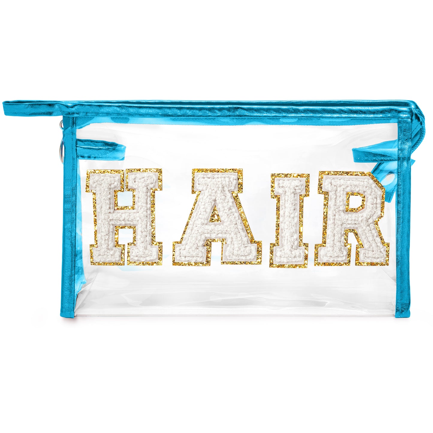 Y1tvei Clear HAIR Makeup Bag - Preppy Patch White Chenille Varsity Letter Cosmetic Bag Transparent PVC Zipper Waterproof Portable Beach Travel Storage Pouch Toiletry Organizer for Women(Blue)