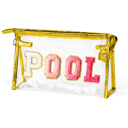 Y1tvei Clear POOL Makeup Bag - Preppy Rose Red POOL Chenille Varsity Letter Sunscreen Cosmetic Pouch PVC Transparent Zipper Waterproof Beach Summer Travel Toiletry Organizer for Swimmer Women(Gold)