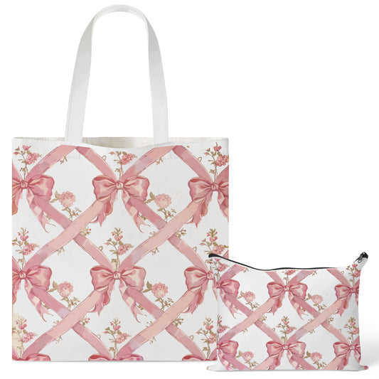 Y1tvei Coquette Bow Tote Bag - 2Pcs Aesthetic Pink Bow Floral Makeup Bag Set, Cute Pink Bow Canvas Tote Bag, Foldable Reusable Grocery Folding Shopping Bag, Coquette Stuff Zipper Pouch Gifts for Women
