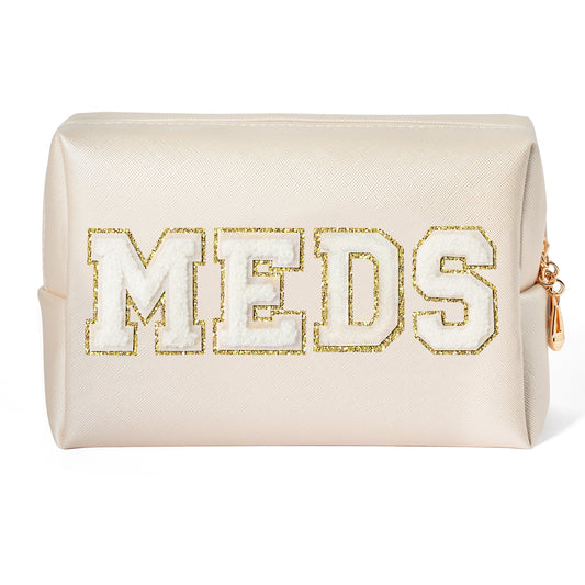 Y1tvei MEDS Letter Patch Bag - Preppy White Meds Chenille Varsity Letter Cosmetic Bag, PU Leather Waterproof Toiletry Bag Small Medicine Pouch for Purse Travel Cosmetic Organizer for Women(Shell Gold)