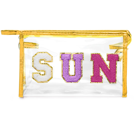 Y1tvei Clear SUN Makeup Bag - Preppy Purple SUN Chenille Varsity Letter Cosmetic Bag PVC Transparent Zipper Waterproof Beach Makeup Carry Pouch Portable Travel Toiletry Organizer for Women(Gold)