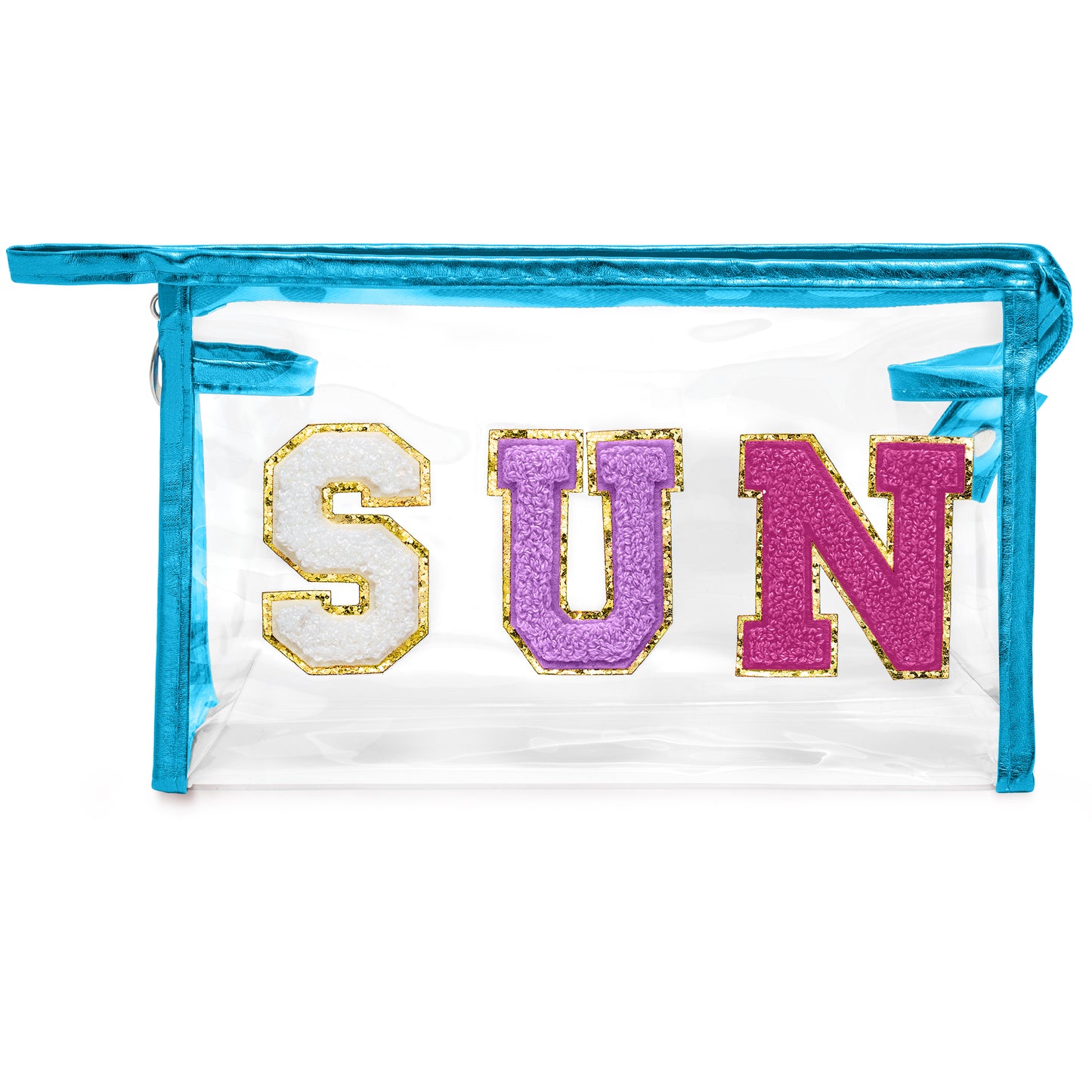 Y1tvei Clear SUN Makeup Bag - Preppy Purple SUN Chenille Varsity Letter Cosmetic Bag PVC Transparent Zipper Waterproof Beach Makeup Carry Pouch Portable Travel Toiletry Organizer for Women(Blue)