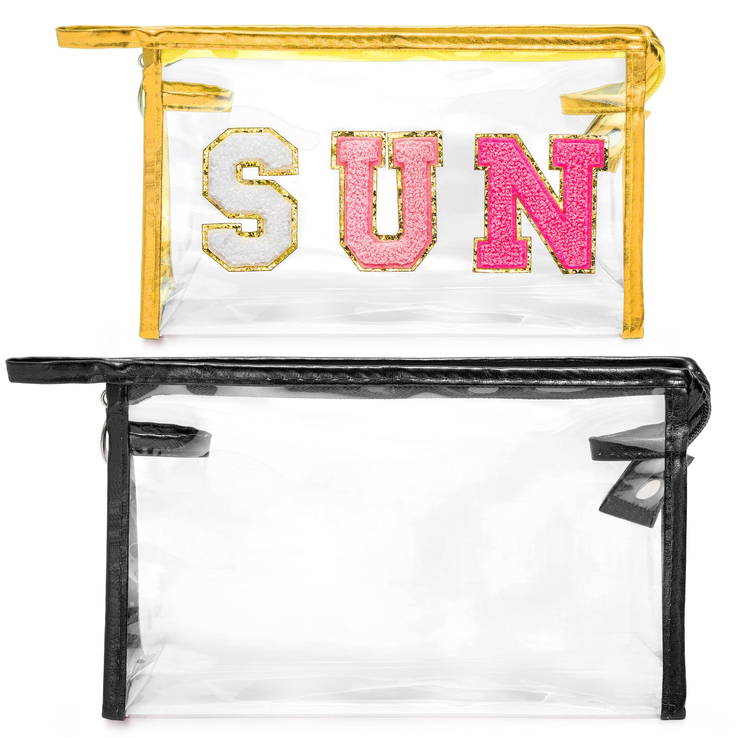 Y1tvei Clear SUN Makeup Bag - 2Pcs Preppy Rose Red SUN Chenille Varsity Letter Cosmetic Bag Black Large PVC Transparent Toiletry Organizer Zipper Waterproof Beach Travel Makeup Pouch for Women(Gold)