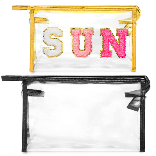 Y1tvei Clear SUN Makeup Bag - 2Pcs Preppy Rose Red SUN Chenille Varsity Letter Cosmetic Bag Black Large PVC Transparent Toiletry Organizer Zipper Waterproof Beach Travel Makeup Pouch for Women(Gold)