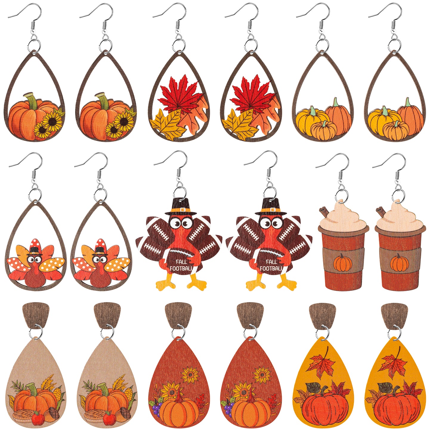 Y1tvei 9Pairs Thanksgiving Wooden Painted Earrings Set Maple Leaf Pumpkin Turkey Teardrop Dangle Earrings Lightweight Autumn Holiday Cute Sunflower Stud Earrings Party Jewelry Decor for Girls Women