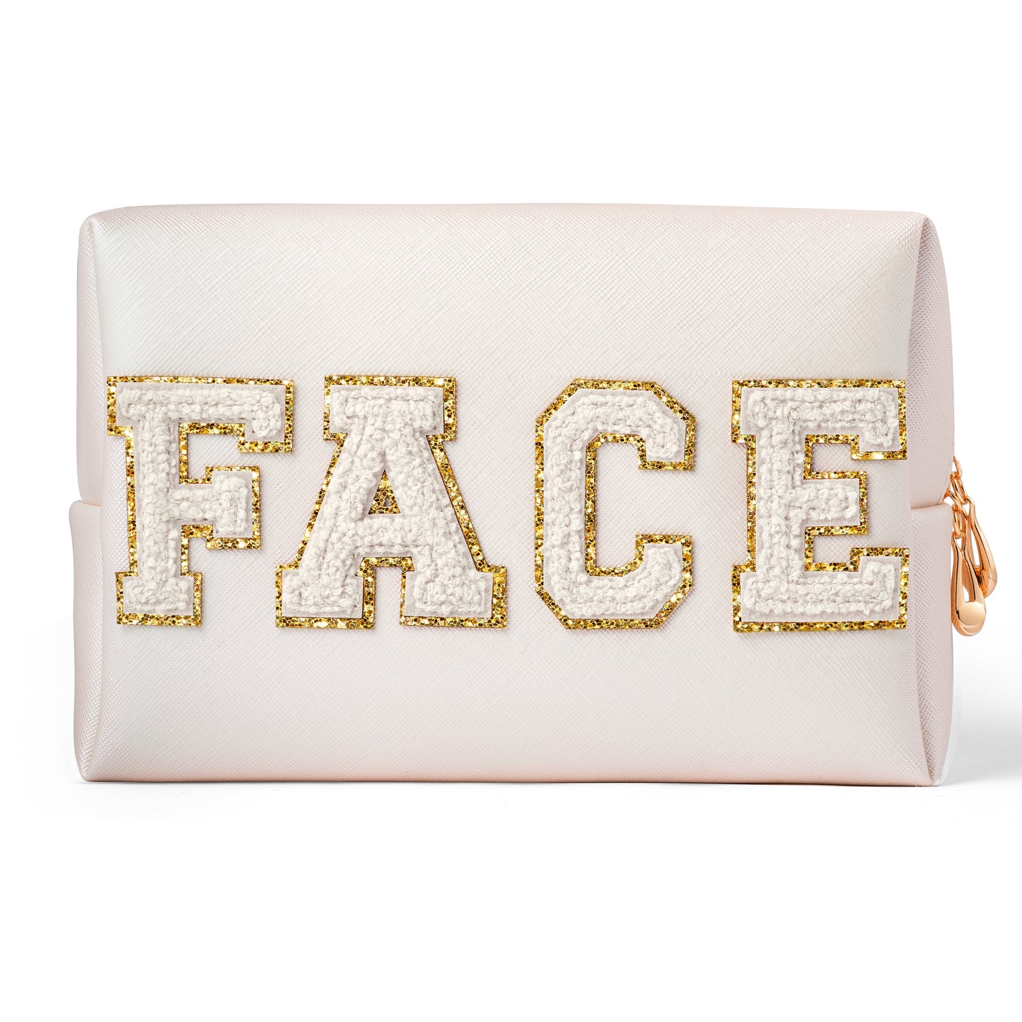 Y1tvei Preppy Patch FACE White Chenille Letter Cosmetic Bag PU Leather Portable Makeup Toiletry Bag Sewn with Varsity Letter Waterproof Zipper Pouch Travel Organizer for Women Girls Teen(Shell Gold)