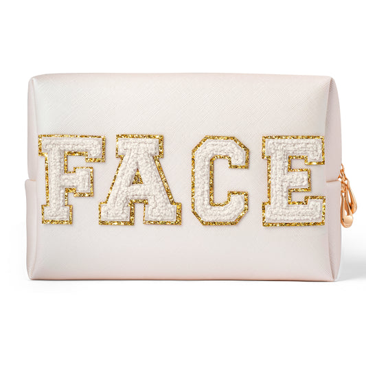 Y1tvei Preppy Patch FACE White Chenille Letter Cosmetic Bag PU Leather Portable Makeup Toiletry Bag Sewn with Varsity Letter Waterproof Zipper Pouch Travel Organizer for Women Girls Teen(Shell Gold)