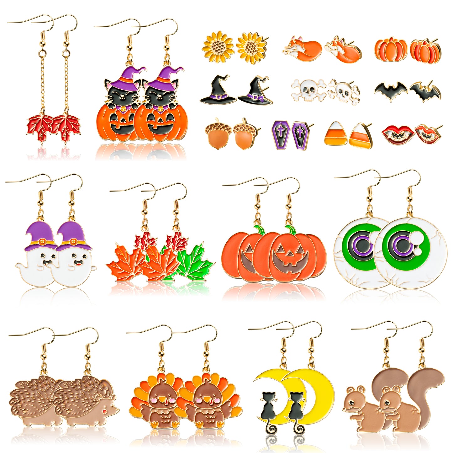 Y1tvei 20Pairs Thanksgiving Fall Halloween Earrings Sets Harvest Turkey Maple Leaf Squirrel Autumn Jewelry Stud Earrings Pumpkin Bat Cat Skull Ghost Drop Dangle Earrings Party Jewelry for Teens Girls