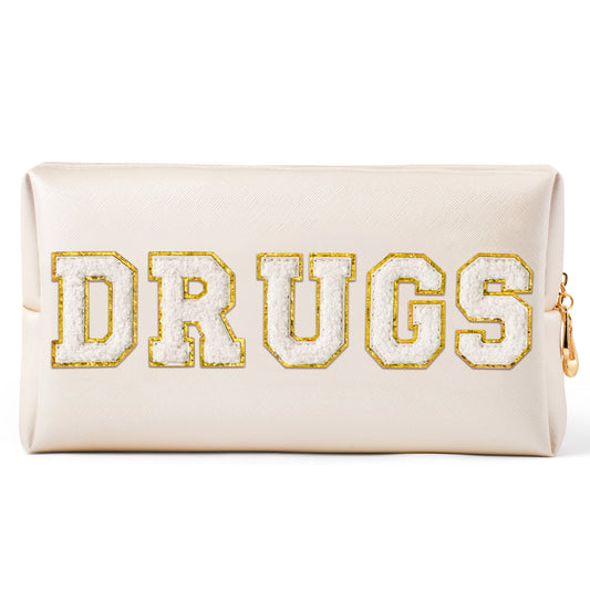 Y1tvei DRUGS Letter Cosmetic Bag - Preppy White Drugs Chenille Varsity Letter Makeup Bag, Leather Waterproof Toiletry Bag Large Medicine Pouch for Purse Travel Cosmetic Organizer for Women(Shell Gold)