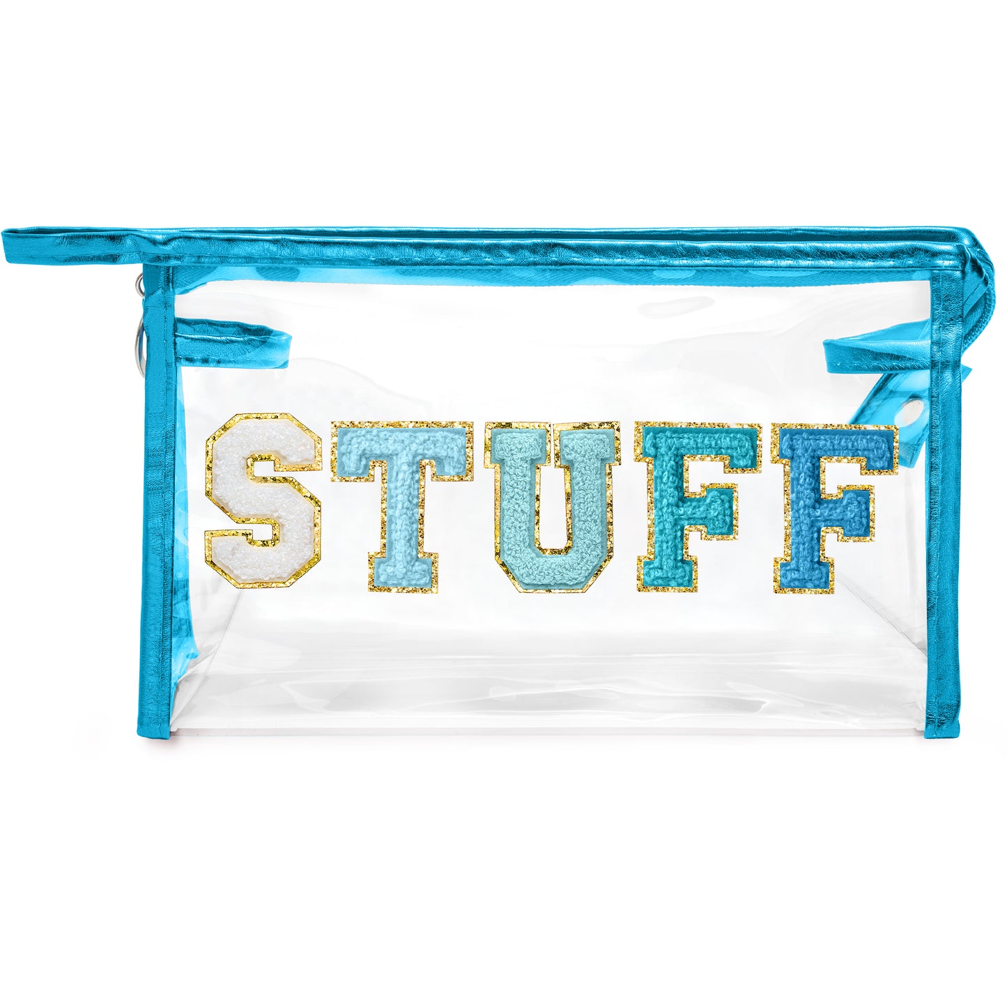 Y1tvei STUFF Summer Makeup Bag - Preppy Patch Chenille Varsity Letter Transparent PVC Clear Extra Large Cosmetic Pouch Portable Waterproof Travel Organizer Toiletry Compliant Bag for Women Girls(Blue)