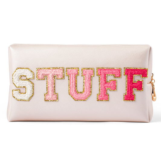 Y1tvei STUFF Makeup Bag Large - Preppy Patch Extra Large Stuff Varsity Letter Makeup Bag Sewn with Red Letter PU Leather Waterproof Cosmetic Pouch Toiletry Zipper Organizer Gifts for Women(Shell Gold)