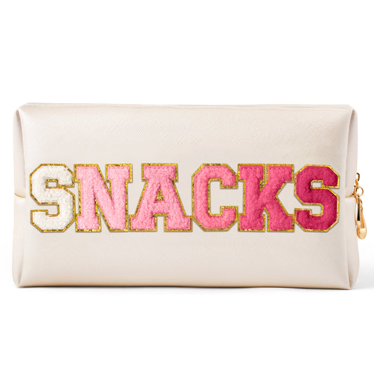 Y1tvei Large SNACKS Cosmetic Bag - Preppy Red Snacks Chenille Varsity Letter Makeup Bag, PU Leather Waterproof Toiletry Bag Zipper Pouch for Purse Travel Cosmetic Organizer Gift for Women(Shell Gold)