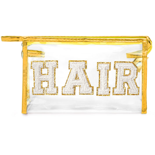 Y1tvei Clear HAIR Makeup Bag - Preppy Patch White Chenille Varsity Letter Cosmetic Bag Transparent PVC Zipper Waterproof Portable Beach Travel Storage Pouch Toiletry Organizer for Women(Gold)