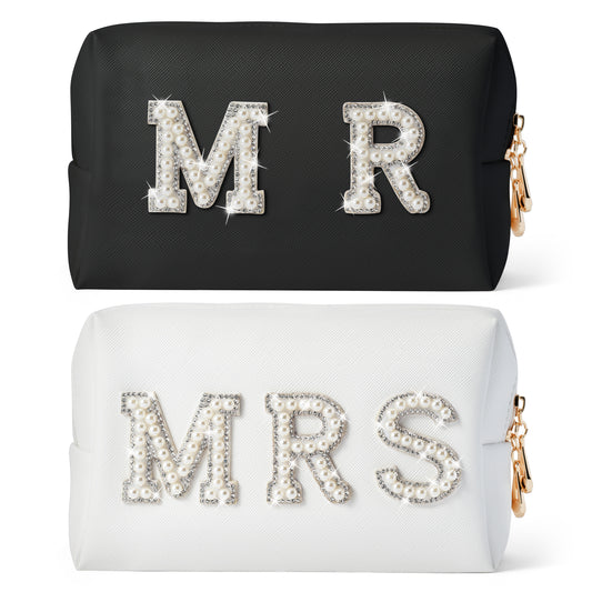 Y1tvei Mr Mrs Cosmetic Bag - 2Pcs Black White Bling Varsity Letter Mr and Mrs Makeup Bag Pearl Rhinestone Patches Makeup Pouch PU Waterproof Honeymoon Travel Toiletry Wedding Gift for Bride Couples