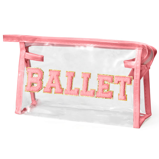 Y1tvei Clear BALLET Makeup Bag - Preppy Pink BALLET Chenille Varsity Letter Patch Cosmetic Bag Large Transparent Waterproof Ballerina Makeup Pouch Dance Recital Travel Toiletry Bag for Dancer(Pink)