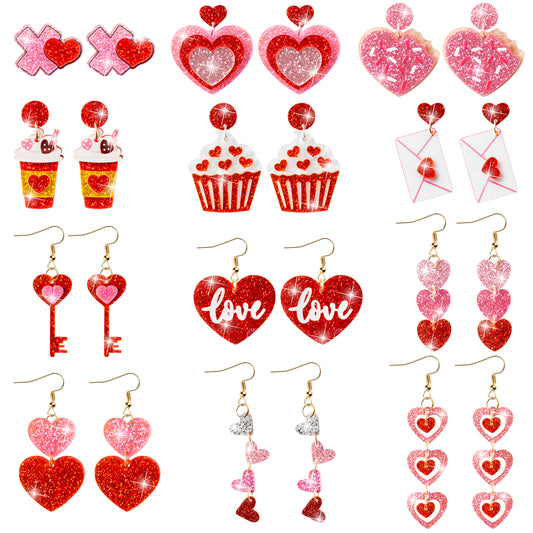 Y1tvei Valentine's Day Glitter Earrings - 12Pairs Valentine's Day Pink Red Heart Earring Sparkly Glitter Love Drop Dangle Acrylic Earring Lightweight Cute Ear Decoration Holiday Jewelry Gift for Women