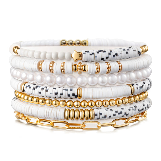 Y1tvei 7Pcs White Surfer Heishi Clay Bead Bracelet Set Boho Stackable Pearl Clay Beaded Layering Stretch Mix Bracelet Gold Plated Bead Jewelry Summer Beach Friendship Charm Bracelet for Women Girls