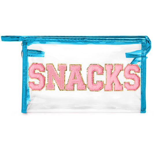 Y1tvei Large Clear SNACKS Pouch - Preppy Patch Pink Chenille Varsity Letter PVC Transparent Extra Large Cosmetic Makeup Bag Portable Waterproof Beach Travel Organizer Toiletry Bag for Women(Blue)