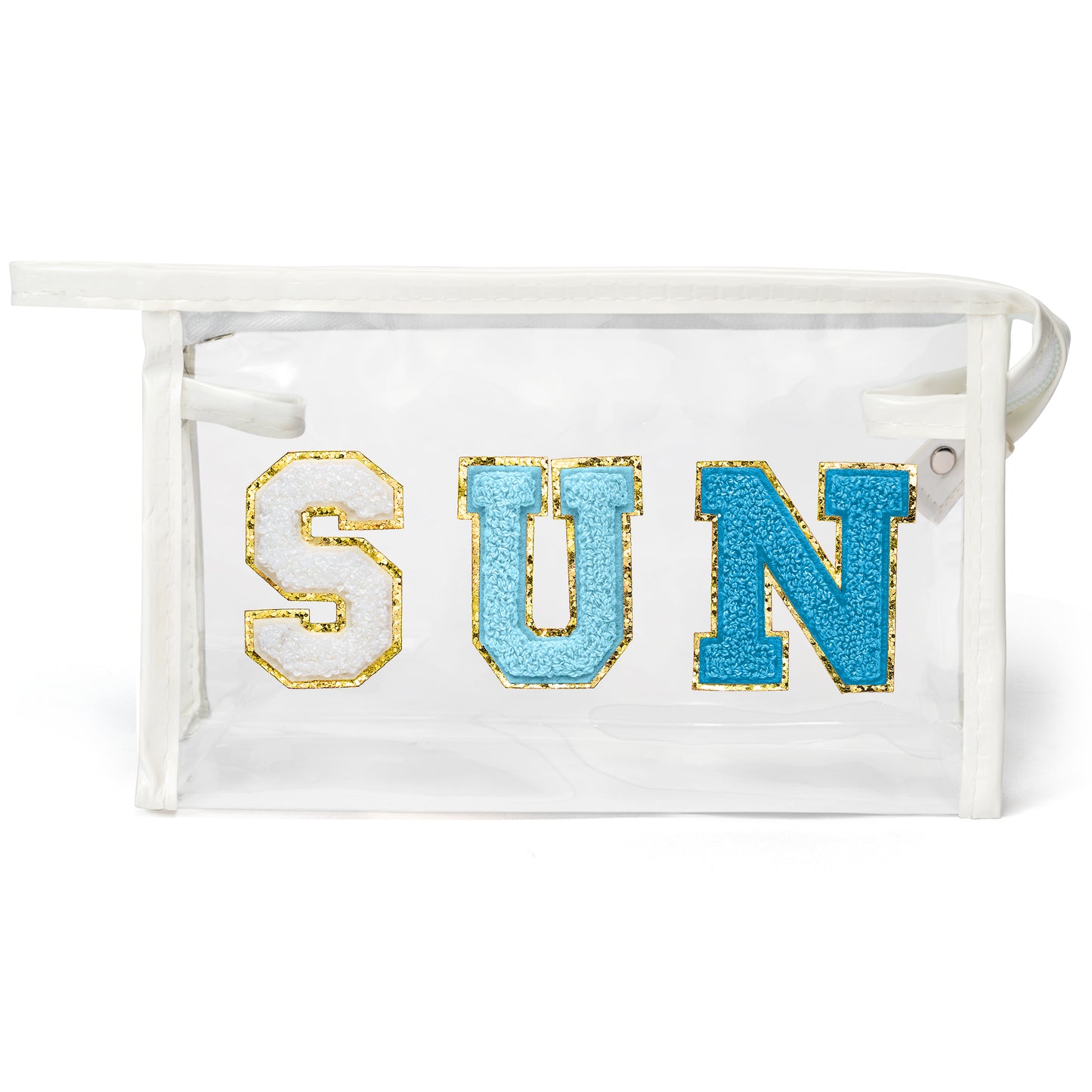 Y1tvei Clear SUN Makeup Bag - Preppy Blue SUN Chenille Varsity Letter Cosmetic Bag PVC Transparent Zipper Waterproof Beach Makeup Pouch Carry On Portable Travel Toiletry Organizer for Women(White)