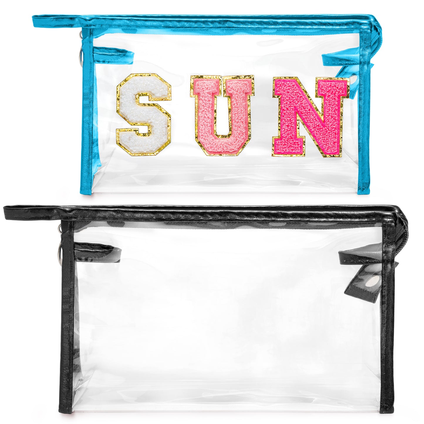 Y1tvei Clear SUN Makeup Bag - 2Pcs Preppy Rose Red SUN Chenille Varsity Letter Cosmetic Bag Black Large PVC Transparent Toiletry Organizer Zipper Waterproof Beach Travel Makeup Pouch for Women(Blue)