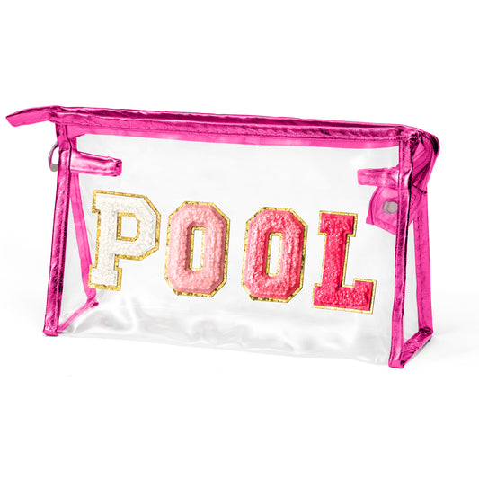 Y1tvei Clear POOL Makeup Bag - Preppy Rose Red POOL Chenille Varsity Letter Sunscreen Cosmetic Pouch PVC Transparent Zipper Waterproof Beach Summer Travel Toiletry Organizer for Swimmer Women(RoseRed)