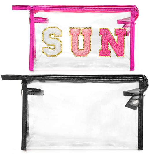 Y1tvei Clear SUN Makeup Bag - 2Pcs Preppy Rose Red SUN Chenille Varsity Letter Cosmetic Bag Black Large PVC Transparent Toiletry Organizer Zipper Waterproof Travel Makeup Pouch for Women(Rose Red)