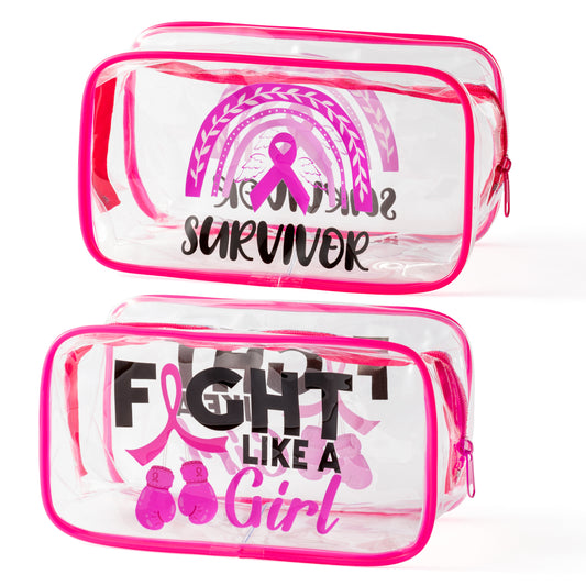 Y1tvei 2Pcs Breast Cancer Awareness Clear PVC Cosmetic Bag Fight Like A Girl Breast Cancer Survival Kit Pink Ribbon Portable Waterproof Makeup Toiletry Bag Cancer Warrior Survivor Gift for Woman Lady