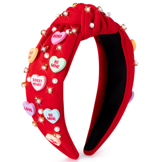 Y1tvei Valentine's Day Knotted Headband - Red Conversation XOXO Heart Love Crystal Rhinestone Headband Wide Top Knot Fashion Headband Non Slip Trendy Holiday Hair Accessories Gift for Women Lover