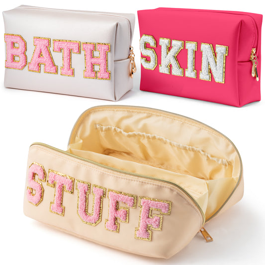 Y1tvei Travel Makeup Bag Gift, Large Capacity Cosmetic Bags, Nylon Stony Clover Makeup Bag Preppy Patch Makeup Bag Pink Stuff Chenille Letter Pouch Skin Bath PU Leather Makeup Bag Preppy Pouch, 3Pcs