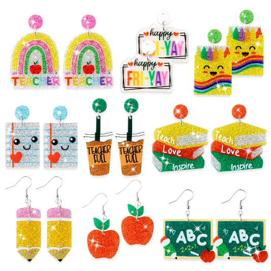 Y1tvei Teacher Earrings for Women - 9Pairs Colorful Rainbow Apple Pencil Book Sparkly Glitter Acrylic Earring Drop Dangle Lightweight Cute Back to School Teacher Jewelry Accessories Appreciation Gifts