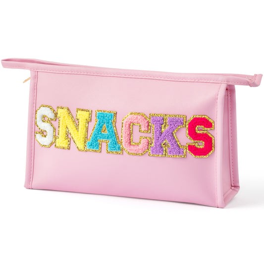 Y1tvei Large SNACKS Bag Pouch - Colorful Snacks Chenille Letter Zipper Pouch for Travel, PU Leather Makeup Bag, Large Waterproof Portable Cosmetic Bags, Flat Pouch Travel Organizer for Women(Pink)