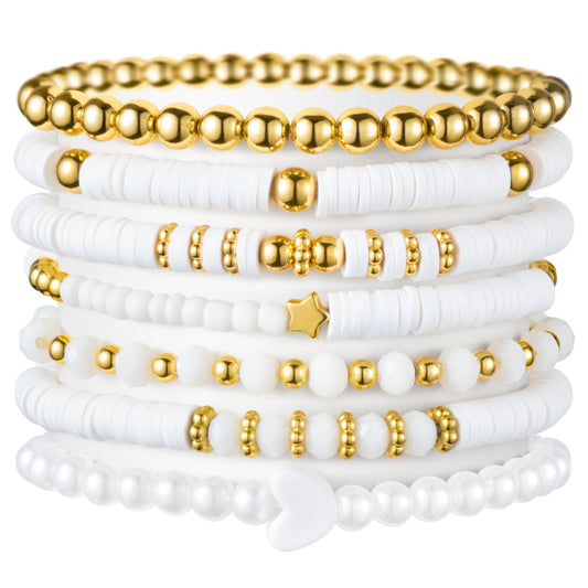 Y1tvei White Clay Bead Bracelets - 7Pcs White Surfer Heishi Clay Bead Bracelet Stackable Gold Plated Bead Stretch Pearl Bracelet Layering Summer Beach Jewelry Friendship Bracelet for Women Teen Girls