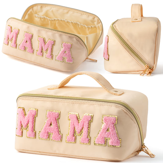 Y1tvei Large Capacity Chenille MAMA Makeup Bag Waterproof Nylon Portable Lay Flat Open Wide Cosmetic Toiletry with Handle Divider Travel Organizer Birthday Christmas Gift for Friend Women Mom, Beige