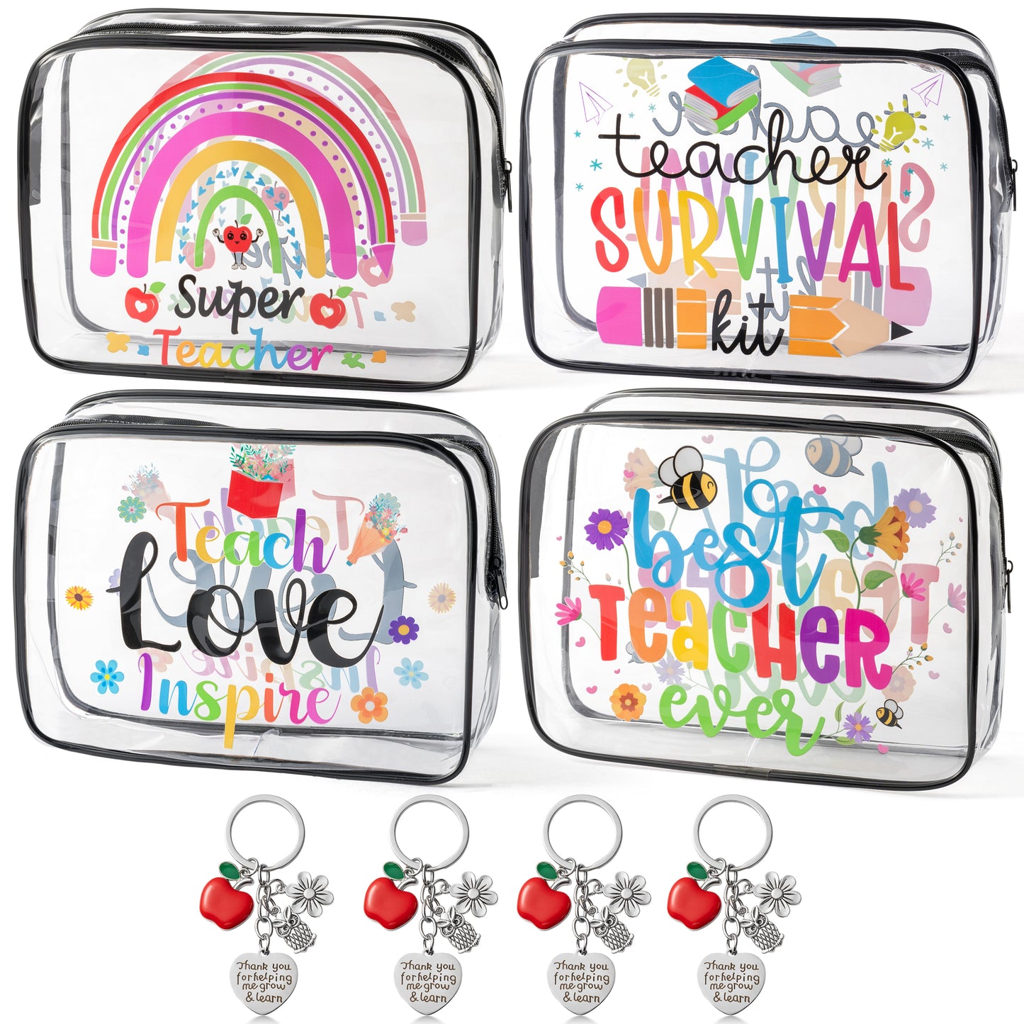 Y1tvei Teacher Appreciation Makeup Bag - 8Pcs Best Teacher Ever Teach Love Inspire Cosmetic Bag with Apple Keychain Waterproof Clear Makeup Pouch Travel Toiletry Bag Graduation Gift for Teacher School