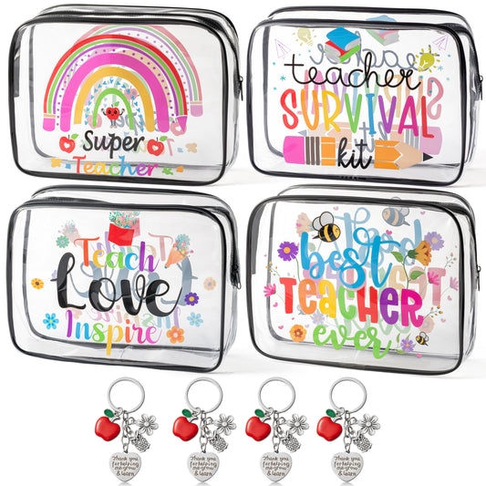 Y1tvei Teacher Appreciation Makeup Bag - 8Pcs Best Teacher Ever Teach Love Inspire Cosmetic Bag with Apple Keychain Waterproof Clear Makeup Pouch Travel Toiletry Bag Graduation Gift for Teacher School