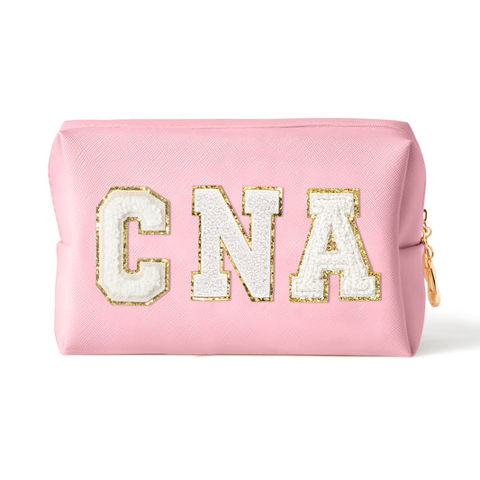 Y1tvei CNA Cosmetic Bag for Nurse - Preppy Patch CNA White Chenille Letter Makeup Bag PU Leather Certified Nursing Assistant Makeup Pouch CNA Week Appreciation Graduation Gift Bag for Women(Pink)