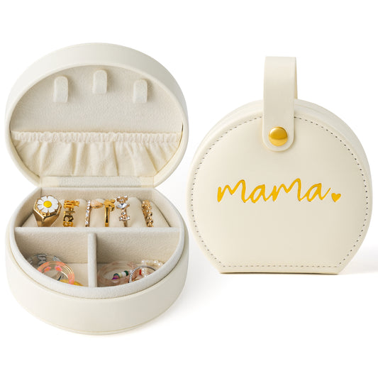 Y1tvei Mama Travel Jewelry Case - Gold Mama Jewelry Box Organizer Storage Case for Necklaces Rings Earrings, PU Leather Portable Travel Mini Jewelry Clutch with Handle, Mothers Day Gifts for Mom Women