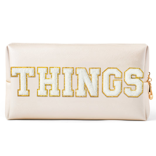 Y1tvei Large THINGS Cosmetic Bag - Preppy White Things Chenille Varsity Letter Makeup Bag, Leather Waterproof Toiletry Bag Zipper Pouch for Purse Travel Cosmetic Organizer Gift for Women(Shell Gold)