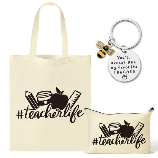 Y1tvei Teacher Appreciation Tote Bag - 3Pcs Teacher Life Canvas Tote Bag Set with Bee Keychain Apple Pencil Love Inspire Makeup Bag Grocery Shopping Bag Appreciation Week Back to School Gift for Women