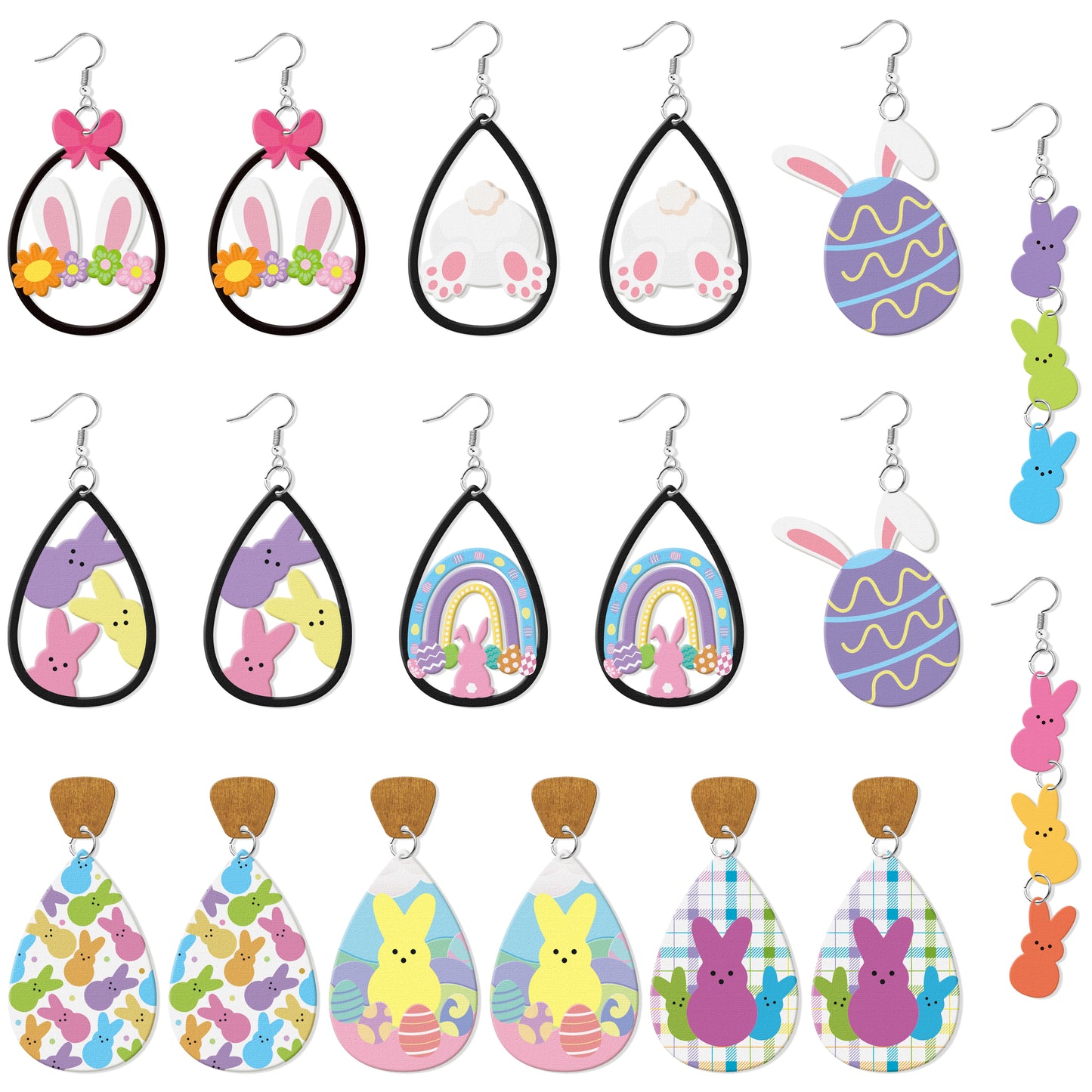 Y1tvei Easter Rabbit Wooden Earrings - 9 Pairs Colorful Easter Egg Peeps Bunny Candy Shaped Cutout Teardrop Dangle Earring Lightweight Cute Stud Ear Decor Holiday Jewelry Gift for Girls Women